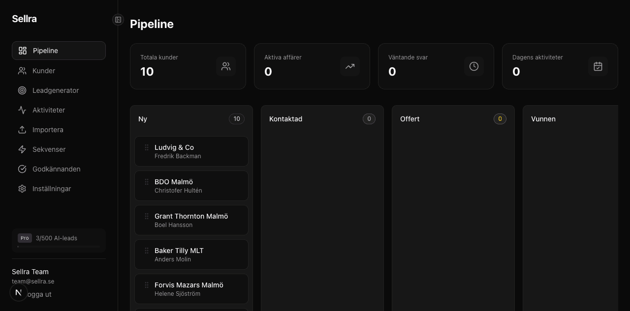 Sellra pipeline-vy med kanban-kolumner
